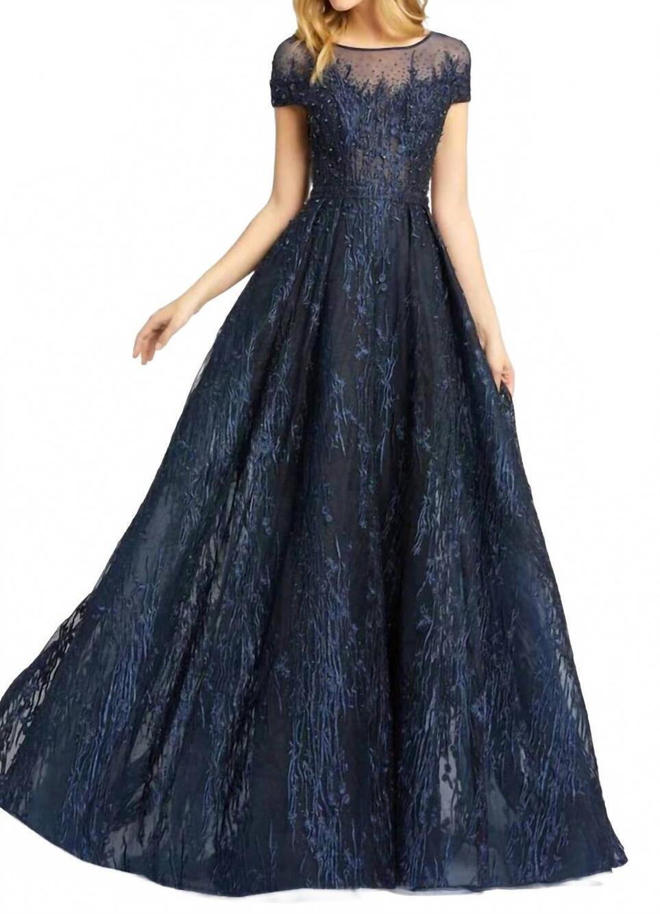 NEW MAC DUGGAL long formal cap sleeve evening gown in midnight blue